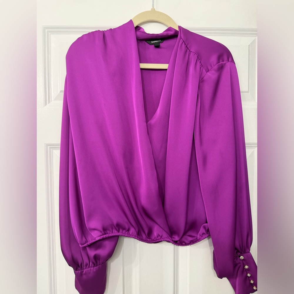 Express Women's Vibrant Magenta Draped V-Neck Blouse